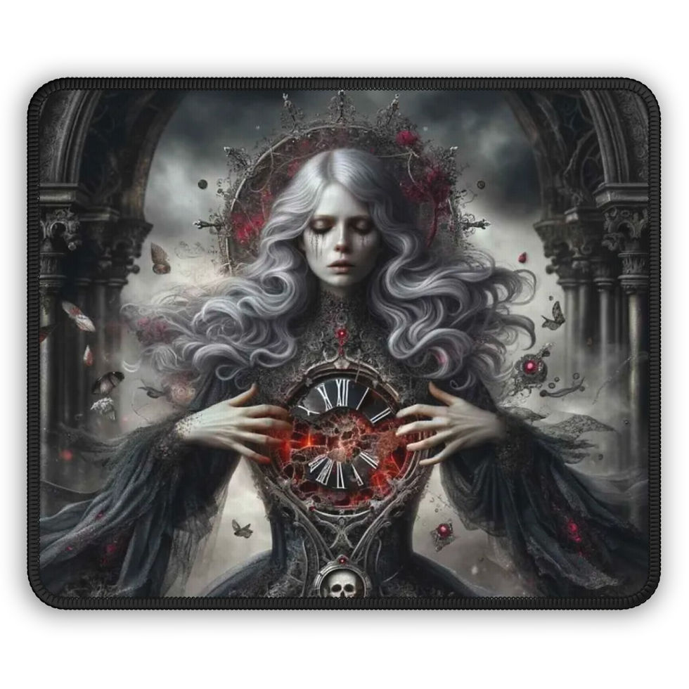 A gothic gaming mouse pad featuring a shattered clock design with surreal & dark art details, perfect for dramatic workspaces
