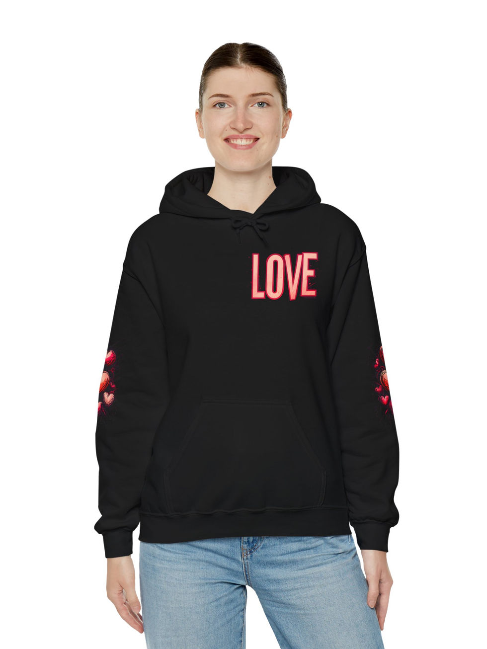 Streetwear hoodie w/ graffiti-inspired LOVE on the chest & vibrant red heart Art on the sleeves.