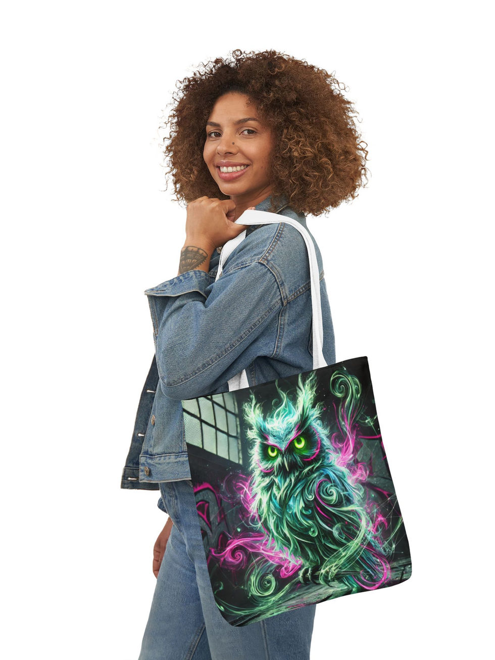 Canvas tote bag with all-over neon mystic owl street art graphic in teal and magenta 😼 bold urban art.