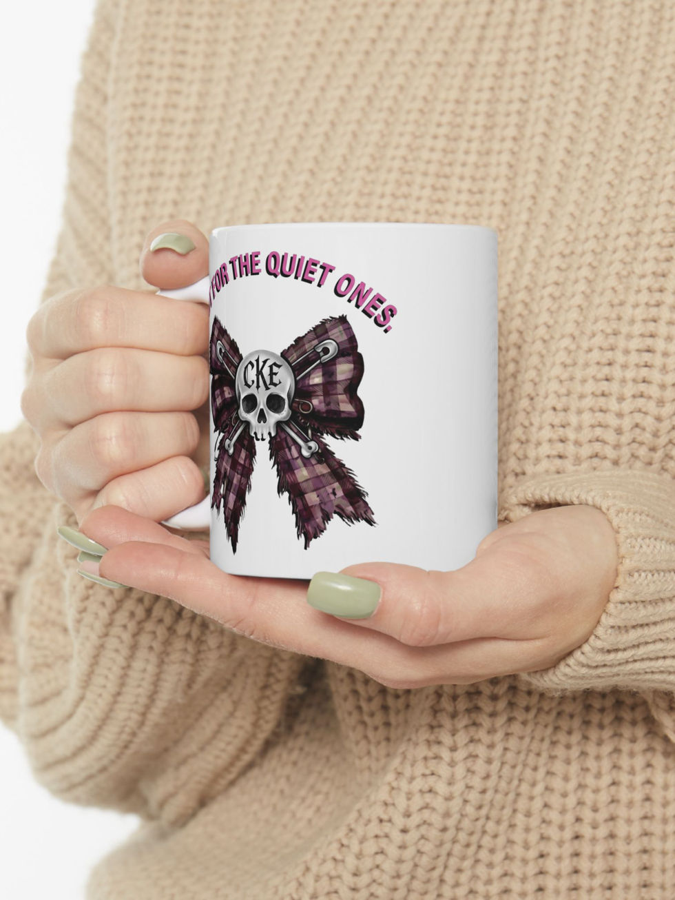 Chaos Kitten Emporium® Not for the Quiet Ones Skull Mug Ceramic Cup with pink plaid bow and edgy skull graphic.