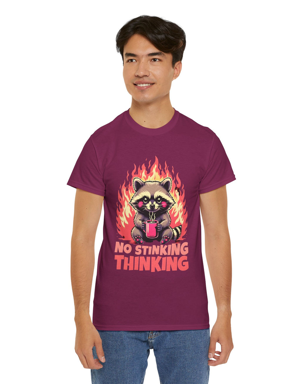 Raccoon drinking coffee with fiery flames and the slogan 'No Stinking Thinking,' perfect for Sassy streetwear style.