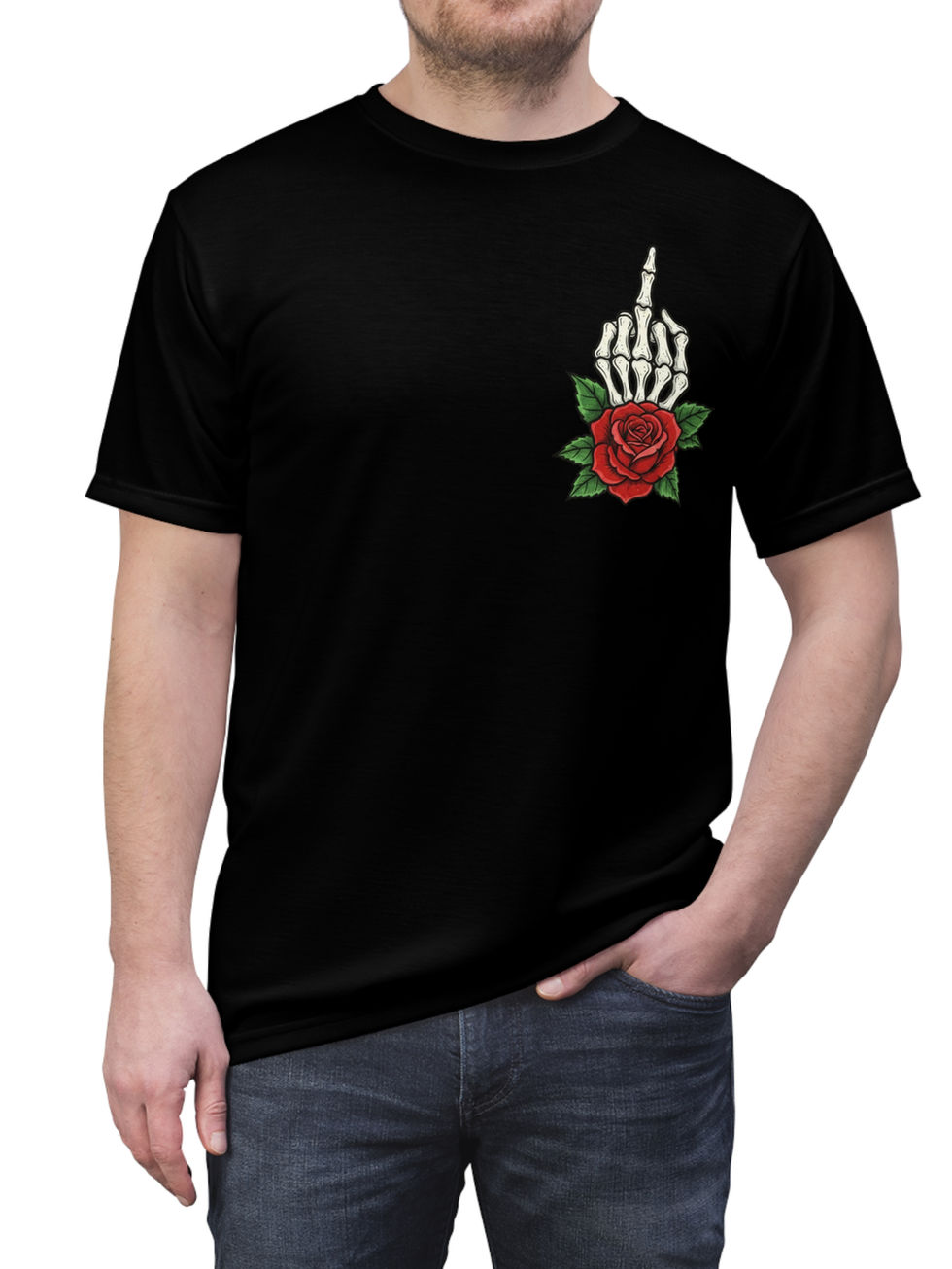 Chaos Kitten Emporium® Skeletal Rose & FireBottle Graphic Tee Edgy Streetwear with high-contrast floral and flame art.