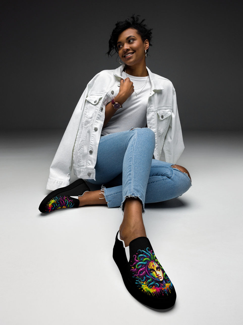 Chaos Kitten Emporium® Neon Serpent Goddess Art Slip-On Canvas Shoes with vibrant mythological goddess graphic.