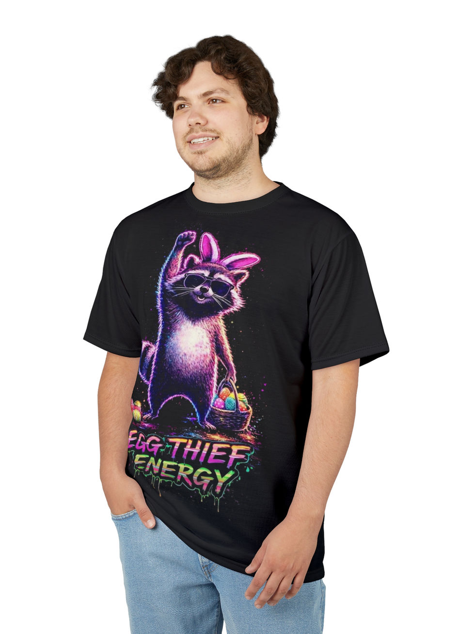 Chaos Kitten Emporium® Egg Thief Energy Raccoon Graphic Tee Streetwear with neon graffiti raccoon and egg design.