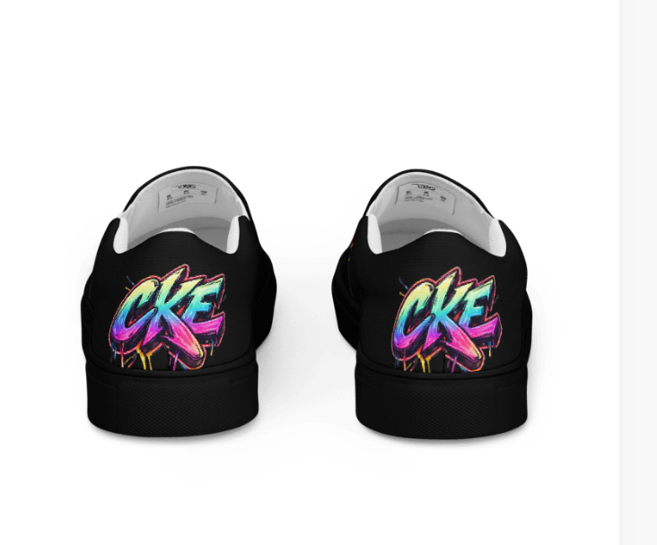 Chaos Kitten Emporium® Neon Serpent Goddess Art Slip-On Canvas Shoes with vibrant mythological goddess graphic.