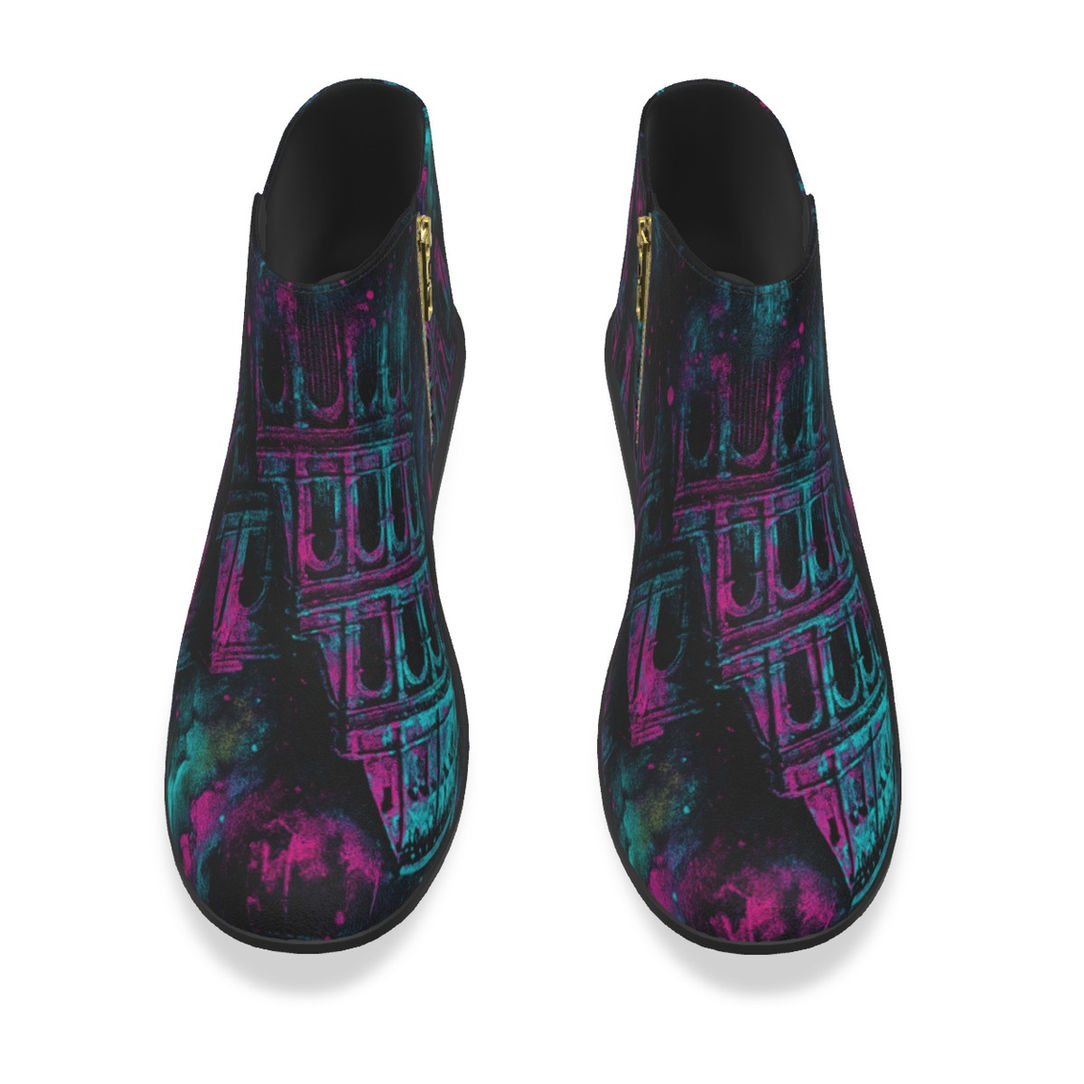 Chaos Kitten Emporium® Neon Colosseum Graphic Boots Women's Micro Suede with vibrant neon architectural graphic.