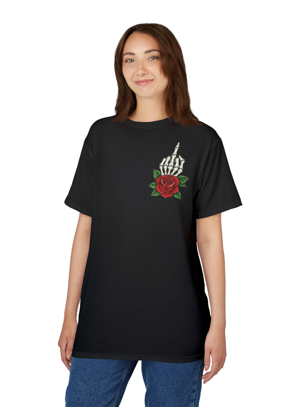 Chaos Kitten Emporium® Skeletal Rose & FireBottle Graphic Tee Edgy Streetwear with high-contrast floral and flame art.