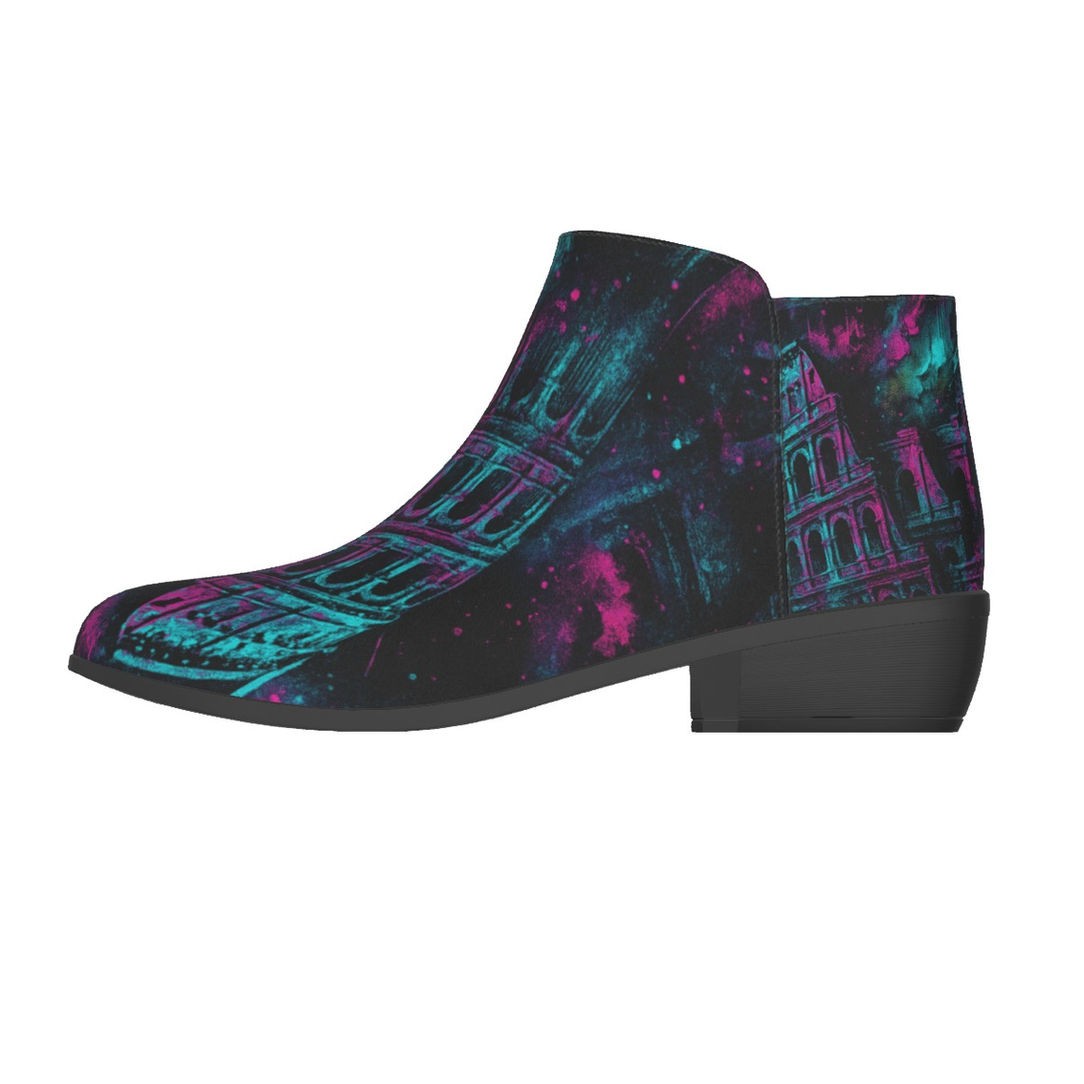 Chaos Kitten Emporium® Neon Colosseum Graphic Boots Women's Micro Suede with vibrant neon architectural graphic.