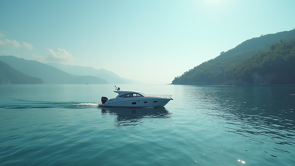 Wide angle view of a motorboat anchored in a serene bay