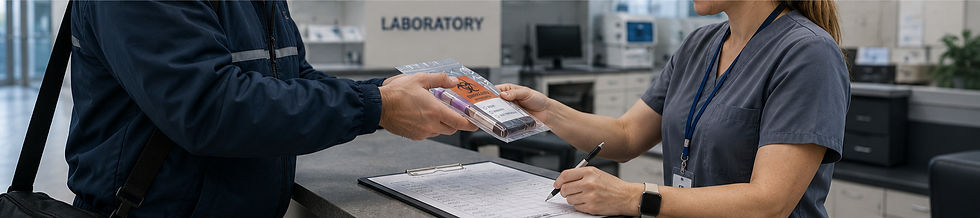 medical courier handing over specimen to laboratory healthcare worker
