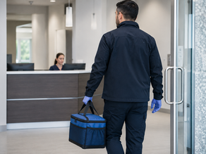 Professional medical courier transporting laboratory specimens and healthcare materials into a medical clinic.
