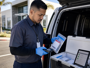 Photorealistic scene of a professional medical courier performing chain-of-custody handling outside a modern healthcare laboratory in Southern California. The courier, wearing a dark uniform, gloves, and an ID badge, stands at the open rear of a white, unbranded temperature-controlled van. He is scanning or recording information from a sealed medical specimen bag using a handheld device while organizing labeled transport containers inside the van. The specimen packaging includes generic barcode labels and tamper-evident seals to indicate secure handling and tracking.