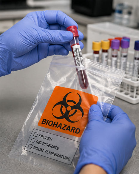 Medical specimen tube being placed into biohazard packaging as part of proper specimen transport and labeling procedures.