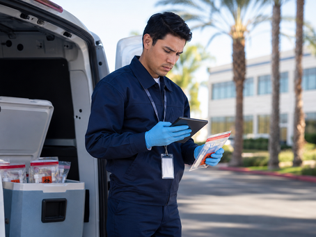A professional medical courier wearing a navy uniform, blue nitrile gloves, and an ID badge stands beside the open rear of a cargo van, comparing a medical specimen bag with information on a digital tablet. Inside the van, an organized insulated cooler holds multiple specimen bags prepared for transport. Palm trees and a modern office or laboratory building are softly blurred in the background, creating a Southern California healthcare setting. The courier's focused expression conveys urgency and attention to accurate specimen tracking and chain of custody during transport.