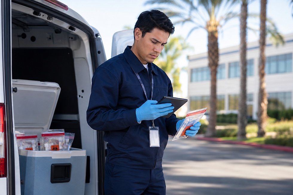 A professional medical courier wearing a navy uniform, blue nitrile gloves, and an ID badge stands beside the open rear of a cargo van, comparing a medical specimen bag with information on a digital tablet. Inside the van, an organized insulated cooler holds multiple specimen bags prepared for transport. Palm trees and a modern office or laboratory building are softly blurred in the background, creating a Southern California healthcare setting. The courier's focused expression conveys urgency and attention to accurate specimen tracking and chain of custody during transport.