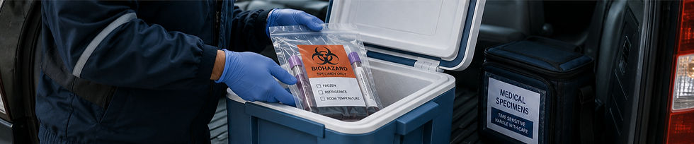 Medical courier putting medical specimens into temperature controlled container for transport