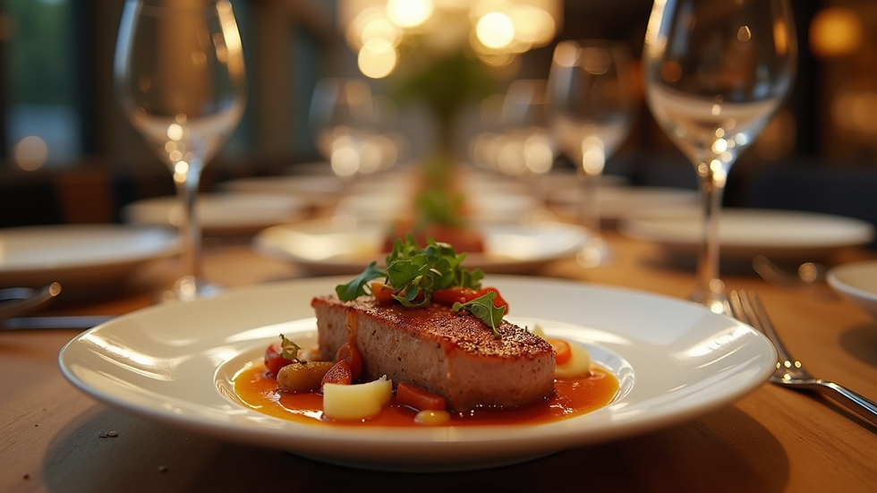Eye-level view of a beautifully arranged dining table with gourmet dishes