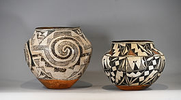 Group of Two Ehtnographically Used Acoma Polychrome Olla Pots, Ca 1920s