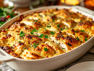 Golden baked dish topped with herbs in a white casserole. Background features a salad, red dish, and wooden table, creating a cozy vibe.