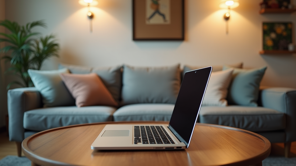 Eye-level view of a cozy living room with a laptop on a coffee table