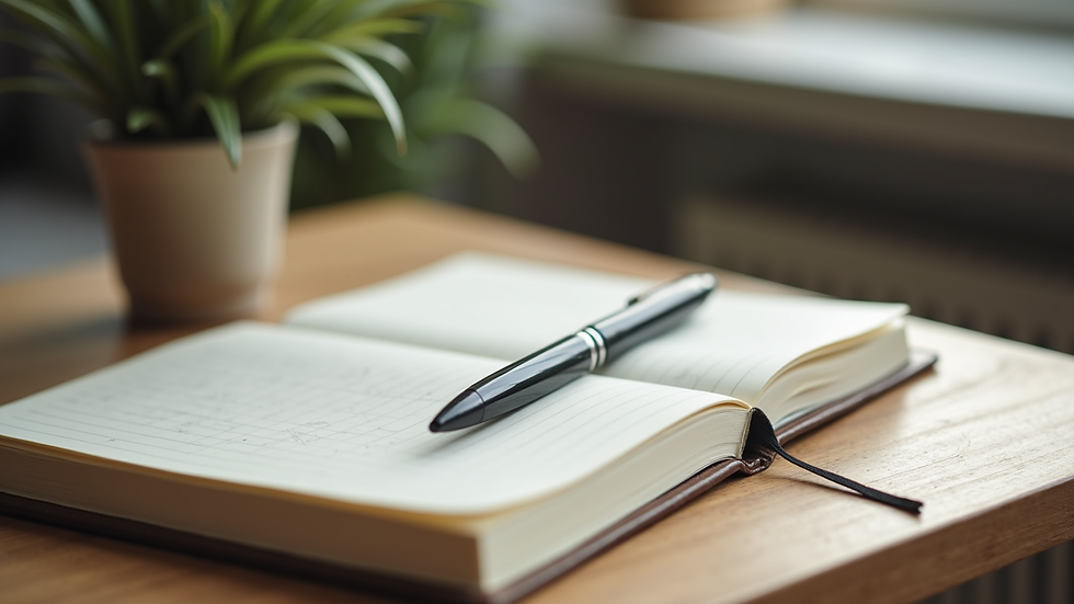 Close-up view of a journal and pen on a wooden table, symbolizing self-reflection and mental health