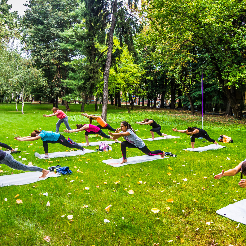 Grupo de pessoas praticando yoga em parque