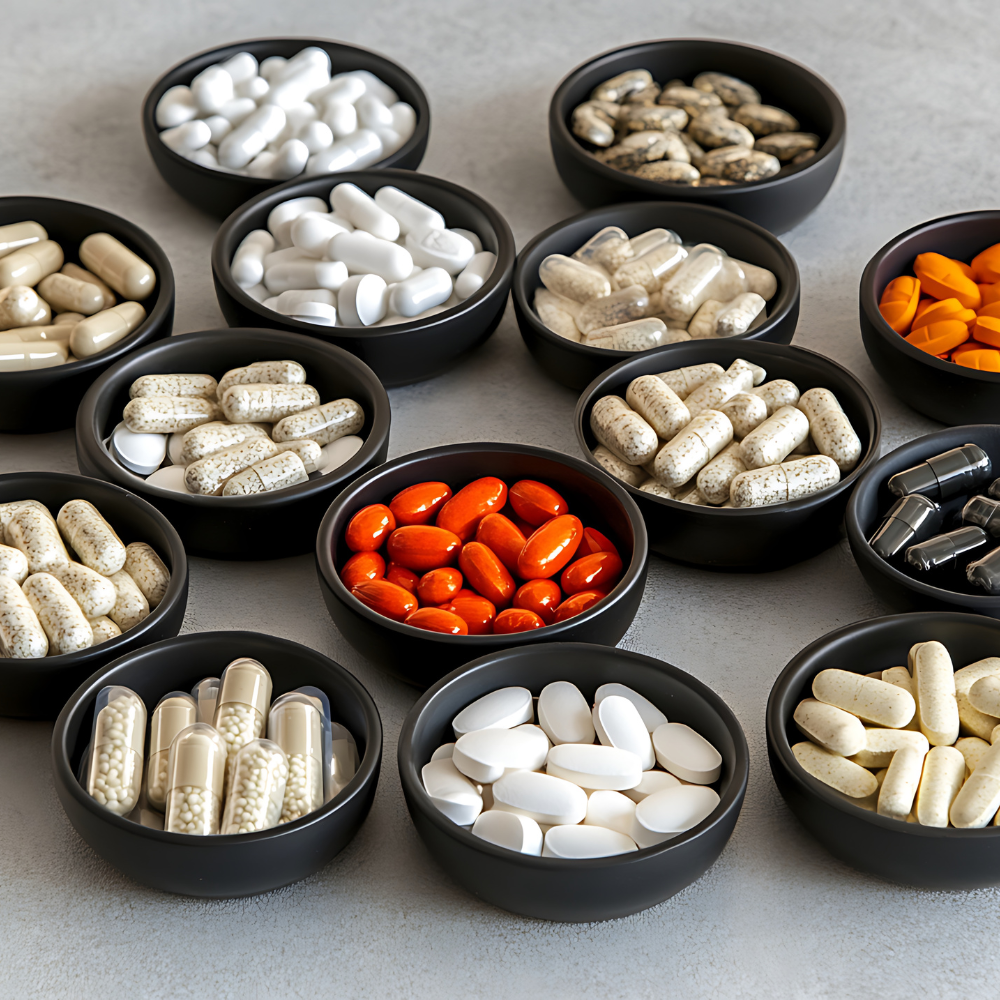 Cápsulas de suplementos organizadas em fundo branco