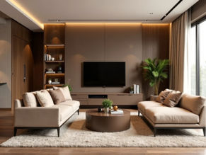 Elegant living room in warm muted tones of chocolate and cream Pantone 2025 Mocha Mousse