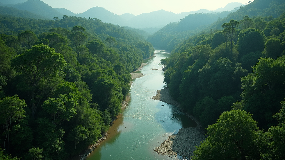 High angle view of a winding river flowing through dense green forest in Laos