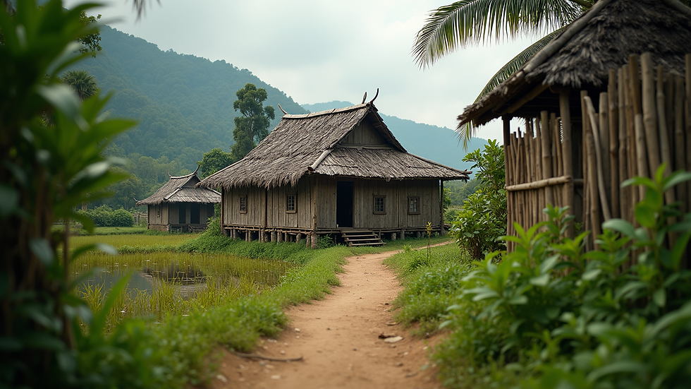 Eye-level view of a traditional wooden stilt house in a rural Laotian village