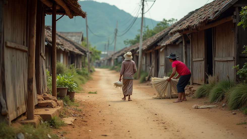 Eye-level view of a traditional weaving village in Laos