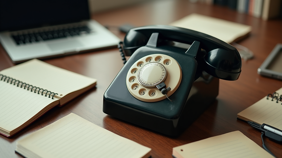 High angle view of a retro-style phone surrounded by notepads