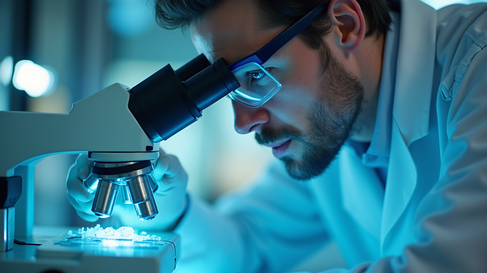 Eye-level view of a scientist observing cell cultures under a microscope