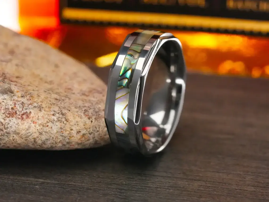 The Aloha - Tungsten Carbide Ring - Octagon Abalone Inlay