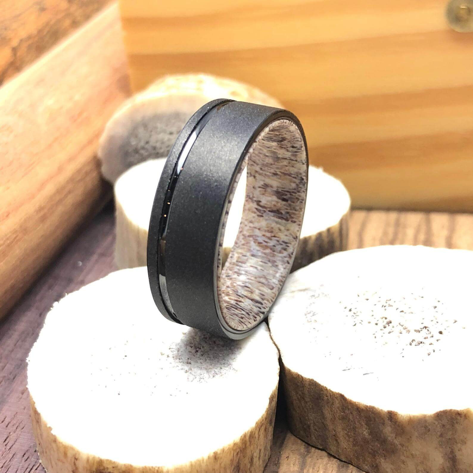 The Regal - Men's Black Wedding Ring with Antler