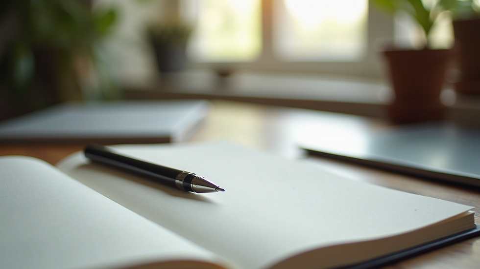 Close-up of a notebook and pen on a table with soft natural light