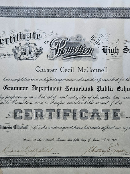 A Piece of 1931 Kennebunk History: Help Reunite This High School Certificate with the McConnell Family - Chester Cecil McConnell