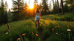 woman in the distance walking through lush forest with wild flowers throughout walk in the
