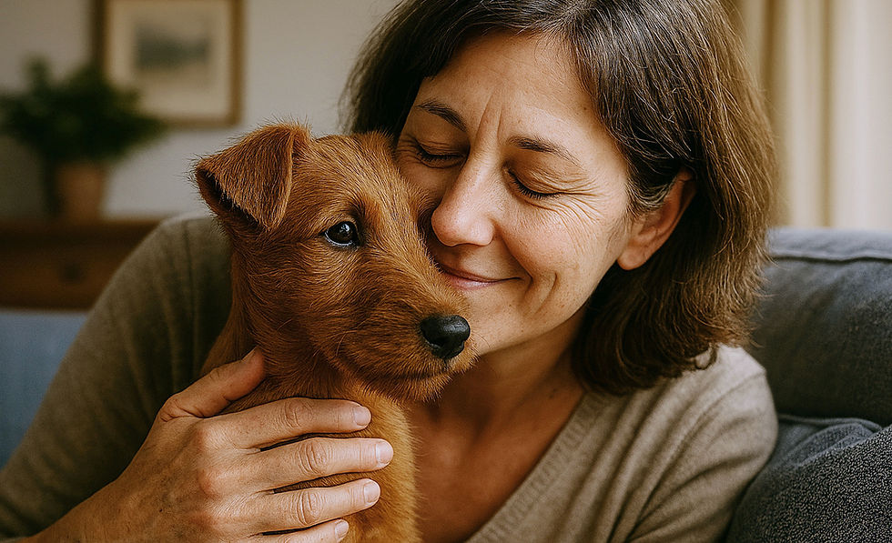 Mittelalte Frau schmust mit ihrem Irish Terrier Welpen