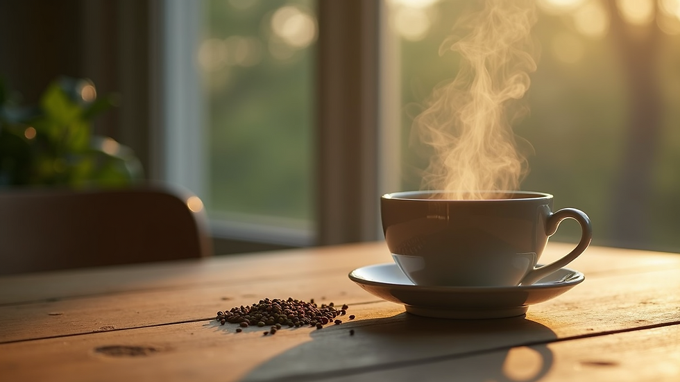 Close-up view of a steaming cup of herbal tea on a wooden table