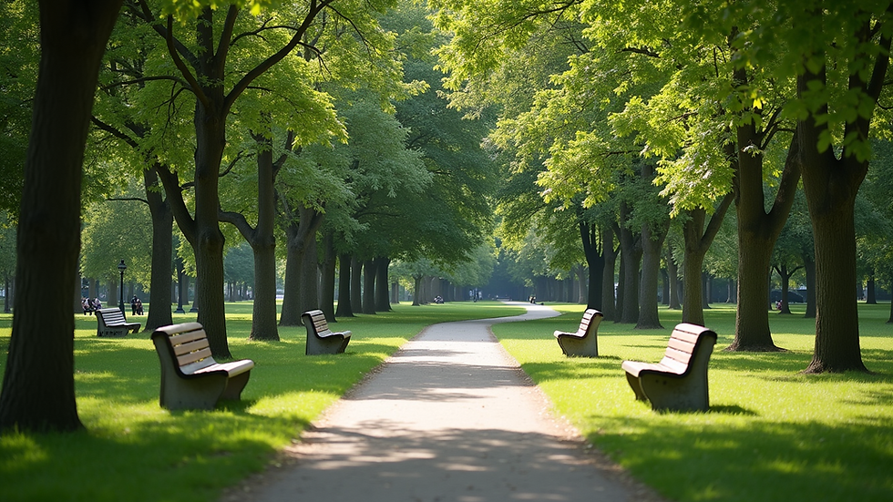 Wide angle view of a serene park with benches for mentoring conversations