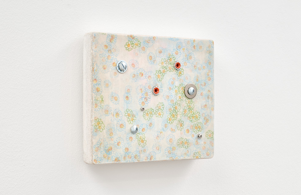 Luca Staccioli, Falling flowers (inerti) #9, 2025, toilet paper, ink, acrylic resin on box cast of reinforced concrete, resin and marble dust, aluminium, steel screws, washers, plastic plug, 30 x 25 x 5 cm