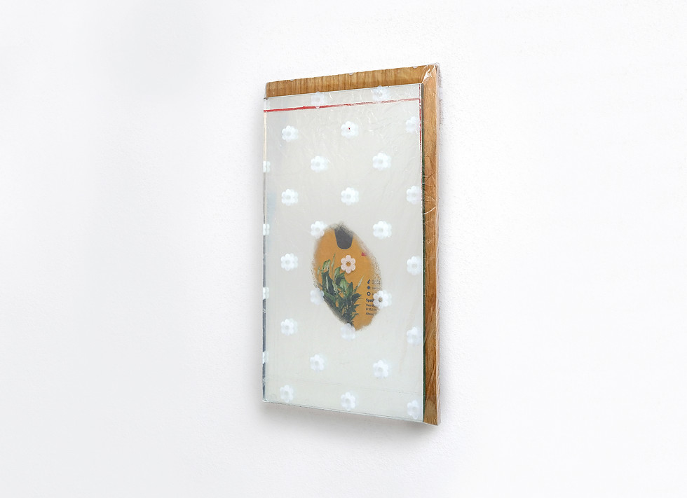 Luca Staccioli, Hot deals, landscape, 2025, 31×18×2 cm, cropped supermarket discount brochure, modified found mirror, cropped plywood from the back of a cabinet, tape, wrapping plastic, signs of time and usage, traces of marker, aluminium.