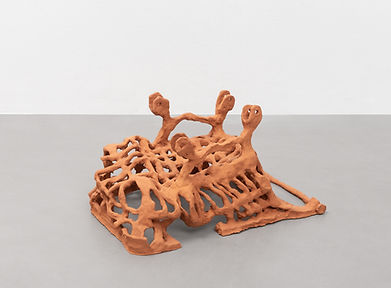 Luca Staccioli, Checkout, ricreazione #4, 2021, terracotta 24x45x28,5 cm, The Checkout series reformulates the form of shopping carts. The iper-present and iper-fast icon of online purchases become a fetish, as fetishes are goods it contains. It appears both as votive ruin and precious matter. 