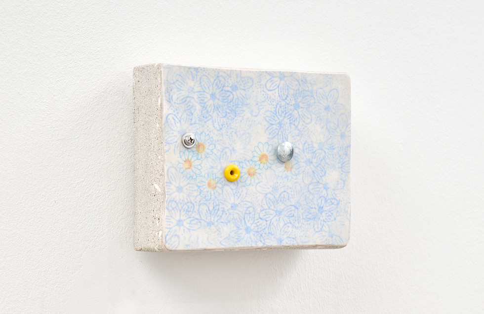 Luca Staccioli, Falling flowers (inerti) #6, 2025, toilet paper, ink, acrylic resin on box cast of reinforced concrete, resin and marble dust, aluminium, steel screws, washers, plastic plug, 14.5 x 18 x 6.5 cm