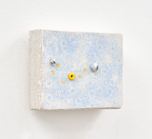 Luca Staccioli, Installation view, Falling flowers, 2025, ArtNoble Gallery, with a text by Rossella Farinotti. Falling flowers (inerti) #5, 2025, toilet paper, ink, acrylic resin on found box cast made of reinforced concrete, resin and marble dust, aluminium, 17 x 11.5 x 7 cm.