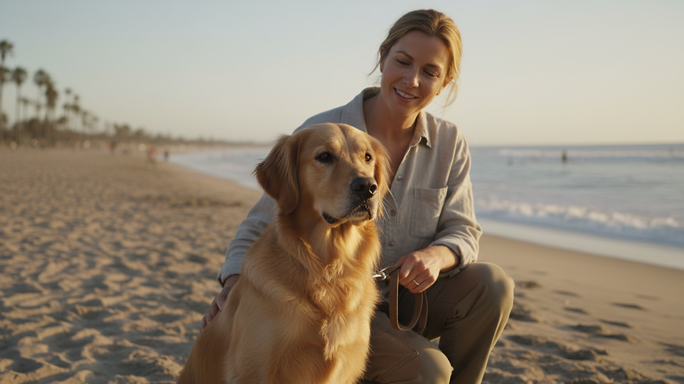 Close-up view of a dog calmly sitting next to a trainer during a training session