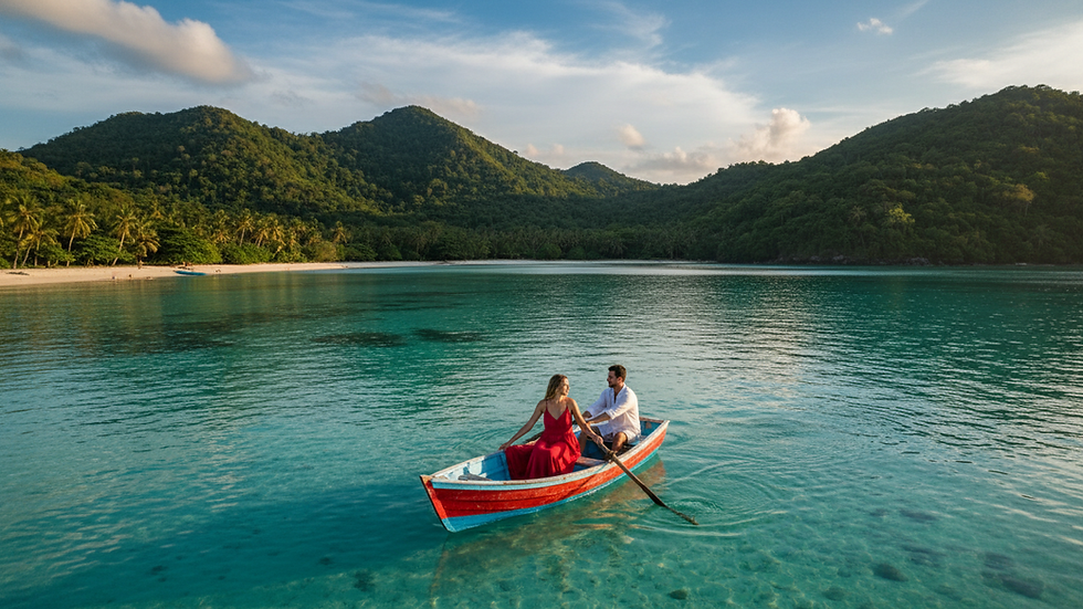 Wide angle view of a calm bay with turquoise water and green hills in the background