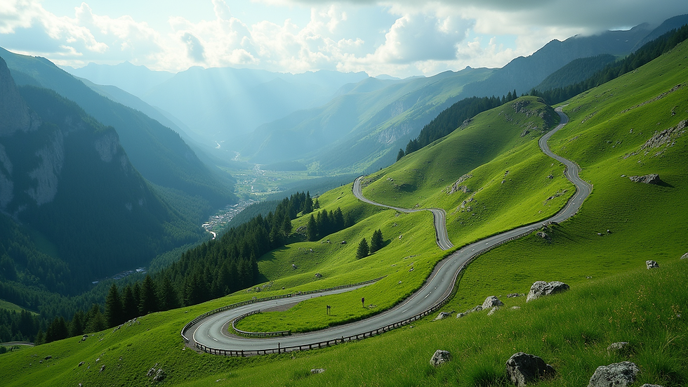 High angle view of a lush green mountain landscape with a winding road