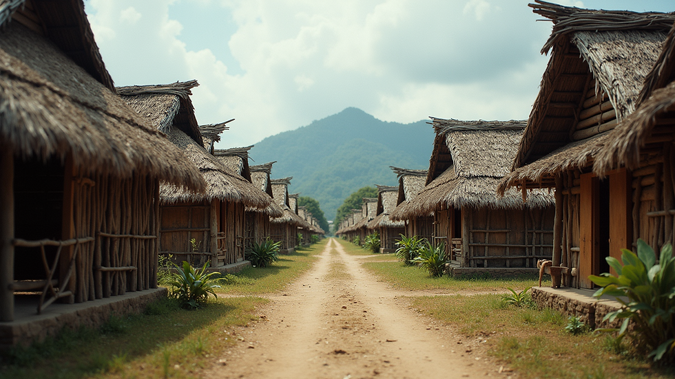 eye-level view of a traditional Sasak village with thatched roofs